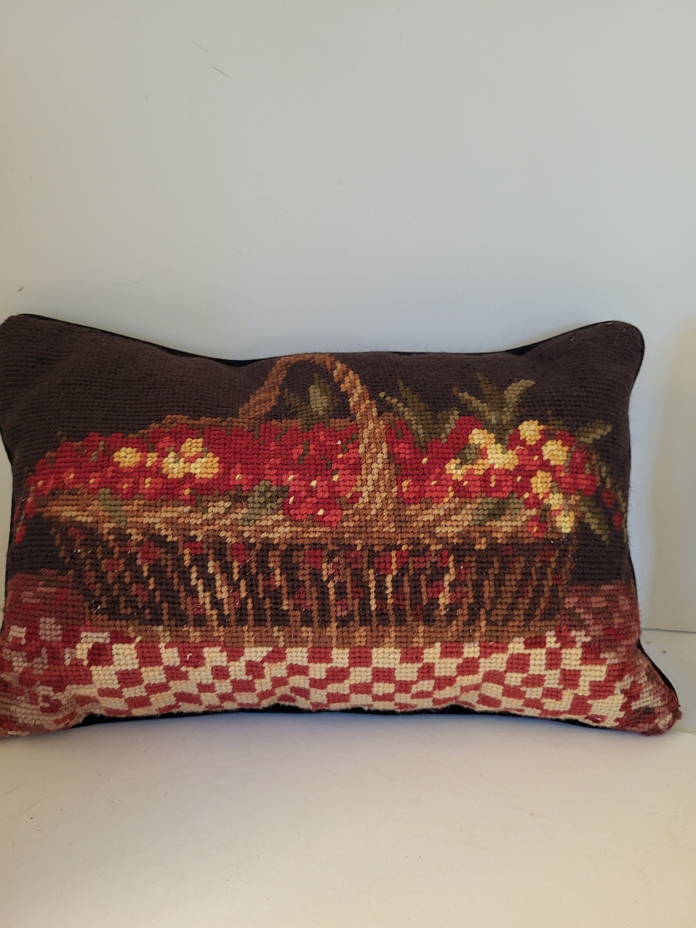 Vintage Two's Company Fruit Basket Needlepoint Throw Pillow 13"×8"
